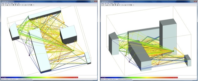 Radio wave propagation within a group of buildings calculated using Wireless InSite.